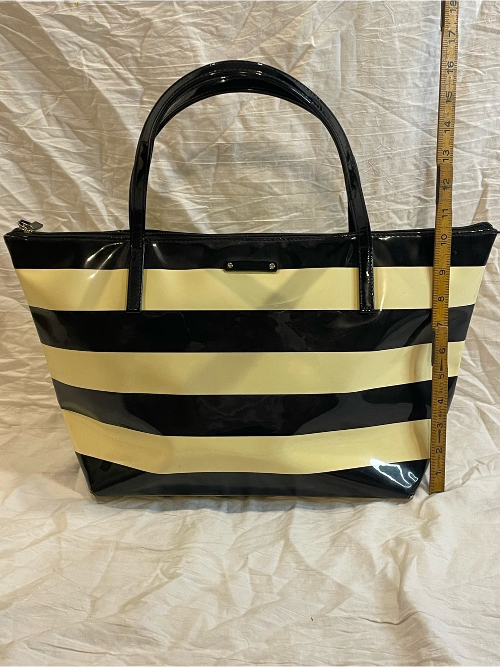 Kate Spade Black Cream Striped Patent Tote Bag Pink Lining Nautical Workout Bag